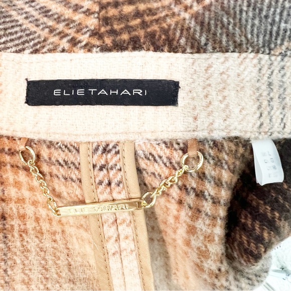 ELIE TAHARI BROWN TAN PLAID FRINGE
EDGE OPEN FRONT COAT WITH BELT LARGE - Picture 5 of 8